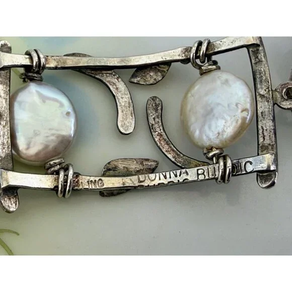 Vintage 90s Modernist Donna Burdic Bracelet Coin Pearls Sterling Gold Leaves